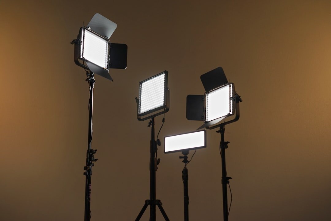 Studio lighting grid with softboxes and fresnel lamps