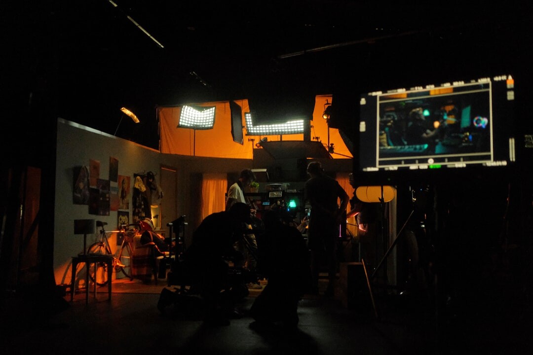 Wide view of a fully equipped television news studio